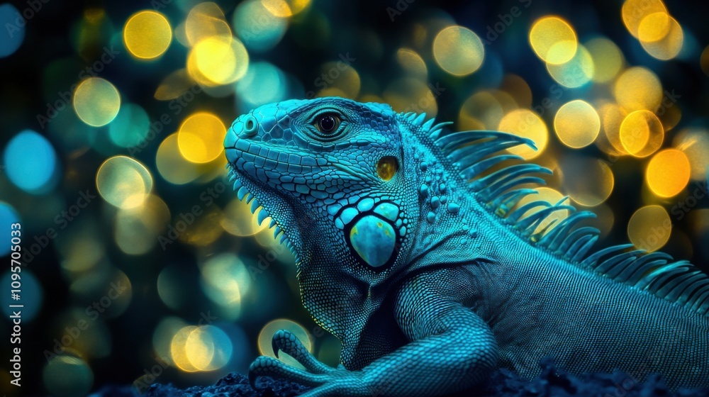 Poster close-up of a vibrant iguana displaying stunning details against a dreamy bokeh background with soft