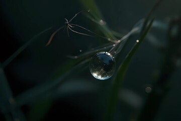 A single, water droplet, suspended on a blade of grass
