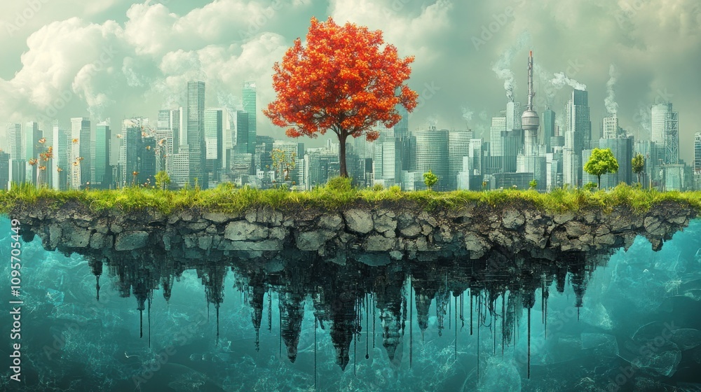 Poster a surreal landscape featuring a floating island with trees and a city skyline in the background.