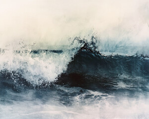 Naklejka premium Abstract ocean wave fine art painting, tranquil blue and white tones, perfect for coastal-inspired wall decor