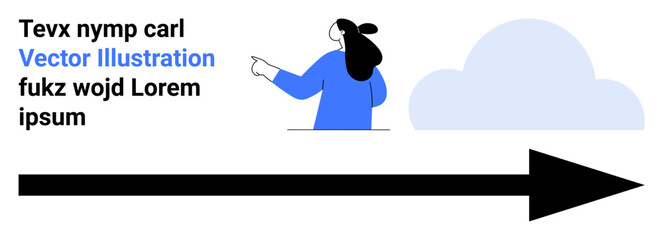 Woman in blue pointing upwards, positioned near a large black arrow with a cloud in the background. Ideal for navigation themes, guidance, future planning, direction symbols, business strategy