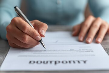 property loan mortgage qualification concept. Hand writing on document with pen, close-up view, office setting.