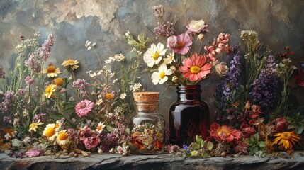 A vibrant arrangement of flowers in jars, showcasing nature's beauty and artistry.
