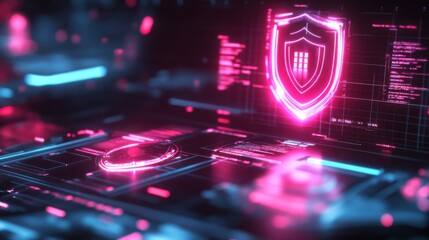 Futuristic Digital Security Interface with Neon Shield and Data Elements for Cybersecurity, Protection and Technology Concept in High-Tech Environment