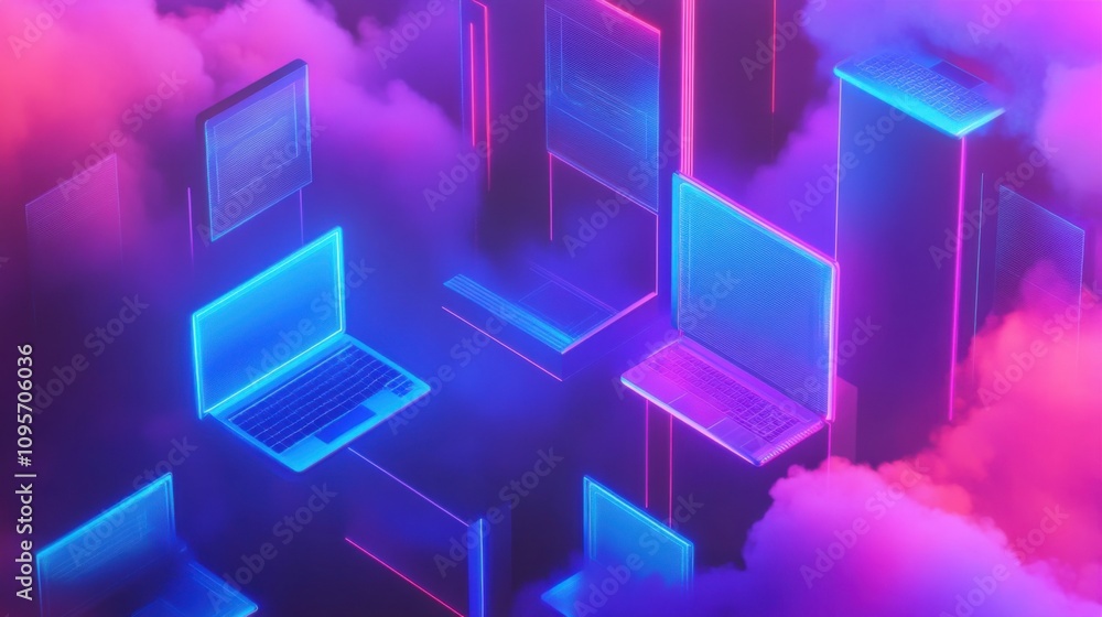Poster futuristic digital environment with floating laptops and colorful clouds representing virtual techno