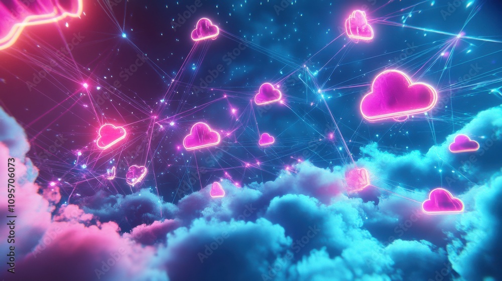Poster futuristic digital clouds with neon lines and stars in a cosmic space environment, perfect for techn