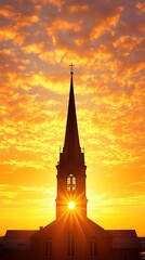 Obraz premium Church silhouette at sunset with colorful sky.