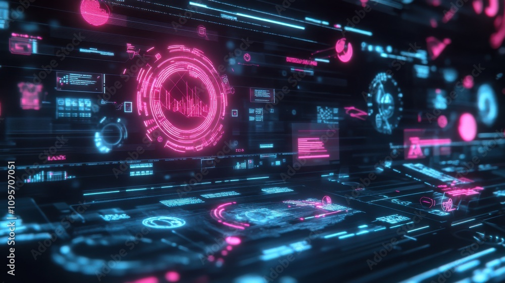 Poster futuristic digital interface with neon elements