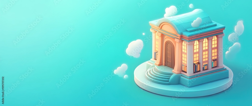 Poster a whimsical, stylized building with soft colors and clouds, suggesting creativity or fantasy.