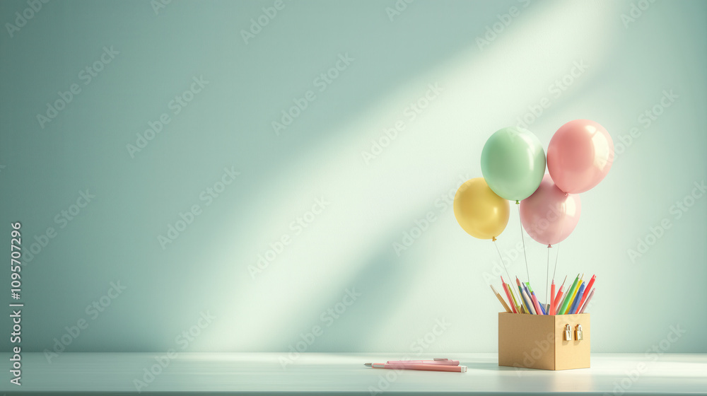 Poster light colored table features box filled with colorful pens and balloons, creating cheerful atmospher
