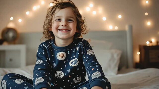 Child with curly hair smiling in cozy pajamas surrounded by warm lights during a relaxed evening at home