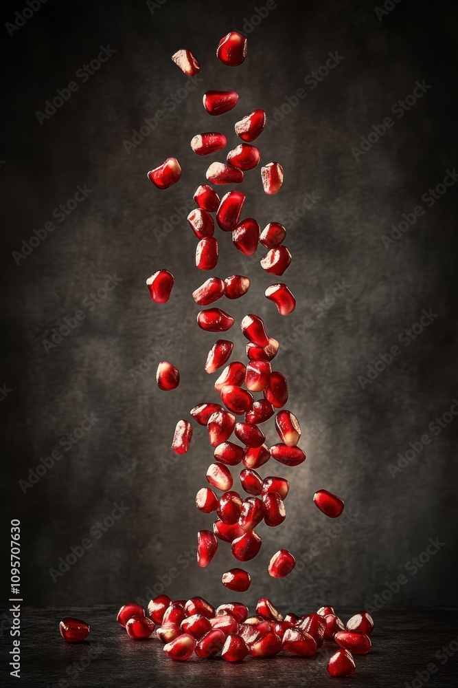 Poster a dynamic display of falling pomegranate seeds against a dark background.