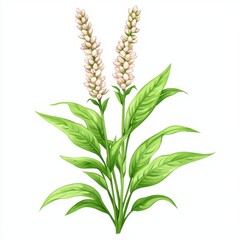 Obraz premium vegan sorghum grain concept. Botanical illustration of a plant with green leaves and white flowers.