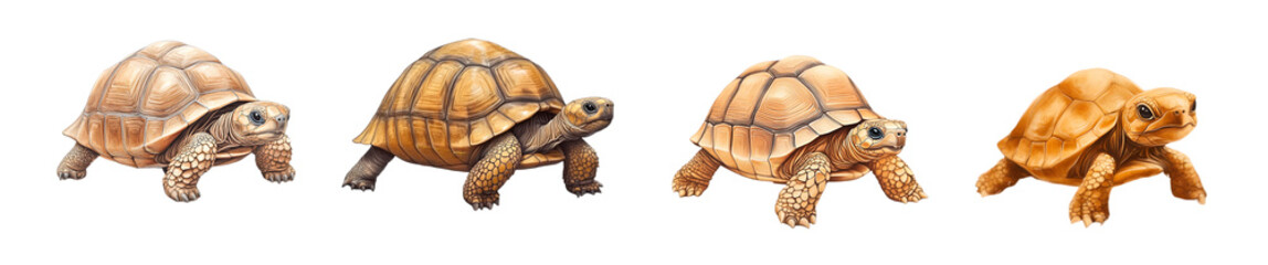 Obraz premium Four tortoises showcasing various sizes and stages of growth against a white background.