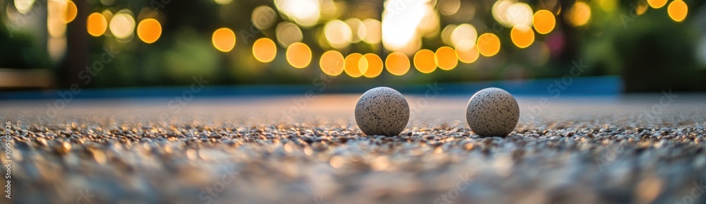 Poster two balls on a textured surface with a blurred background of lights.