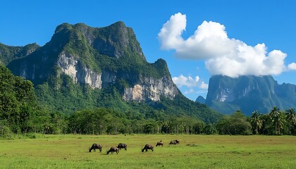 Serene landscape featuring elephants grazing in a lush green field with majestic mountains.