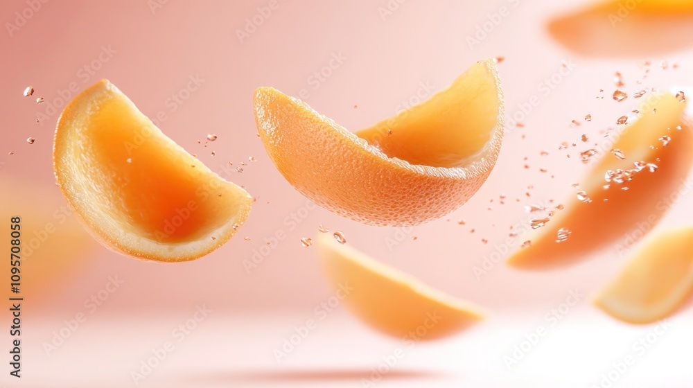 Poster slices of melon floating with droplets against a soft pink background.