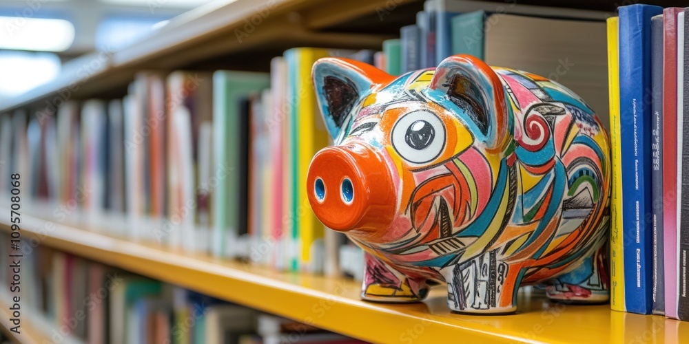 Aufkleber a colorful piggy bank placed on a shelf filled with books in a library.
