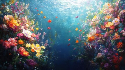 Naklejka premium A vibrant underwater scene filled with colorful flowers and fish, creating a serene atmosphere.