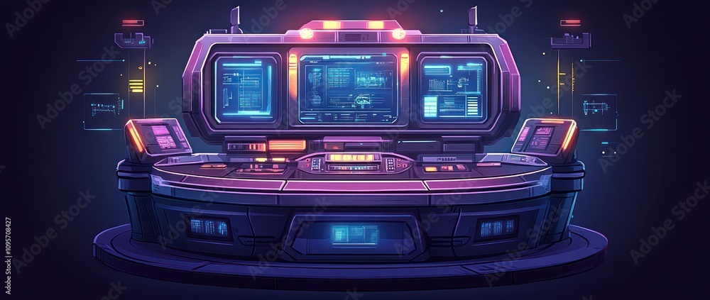 Poster Futuristic control panel with glowing interfaces and screens for high-tech operations.
