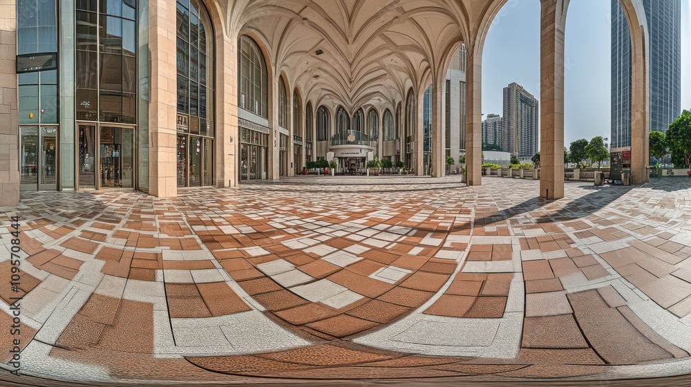 Poster a spacious architectural entrance with patterned flooring and tall arches, creating an inviting atmo