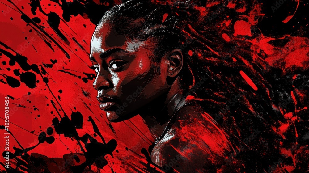 Aufkleber a striking portrait of a person with intricate braids against a vivid red and black background.