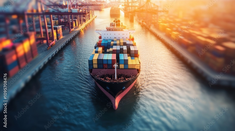 Poster A cargo ship loaded with containers navigating a busy port at sunset.
