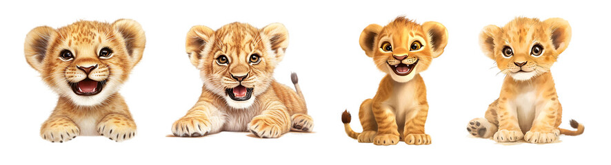 Obraz premium Adorable lion cubs with playful expressions against a clean background.