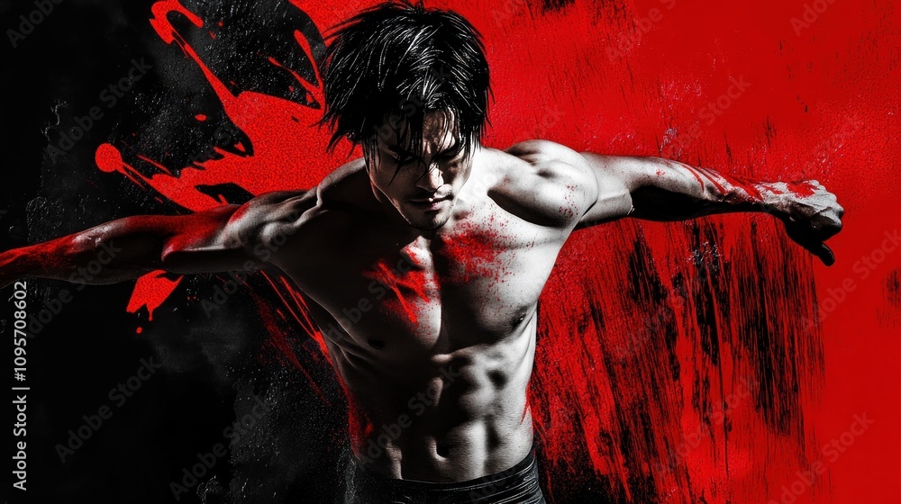 Aufkleber a muscular man poses dramatically against a backdrop of red splashes, conveying strength and intensi