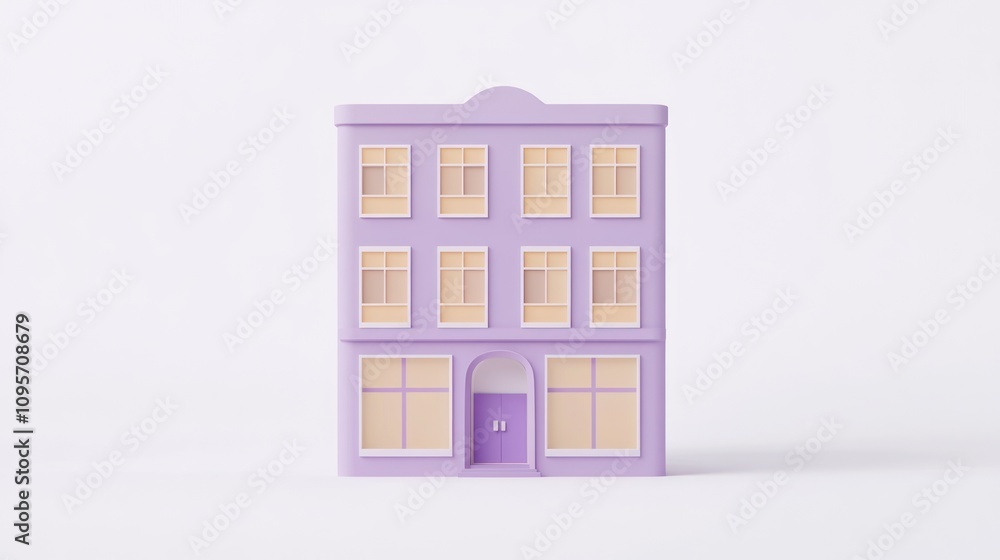 Poster a stylized purple building with large windows, designed for visual appeal.
