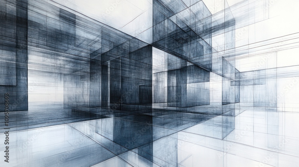 Poster abstract geometric structure with overlapping transparent cubes and lines in a cool color palette.