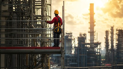 A worker in safety gear surveys an industrial site at sunset, emphasizing workplace safety.