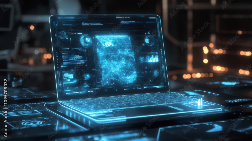 Poster futuristic laptop with digital display and data visualization