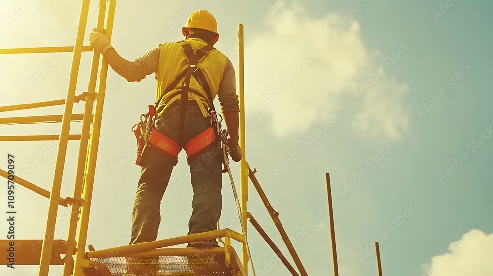Poster a construction worker on scaffolding, preparing for work at a building site.