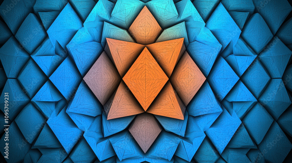 Poster vibrant geometric patterns in blue and orange with intricate 3d textures and symmetrical design for 