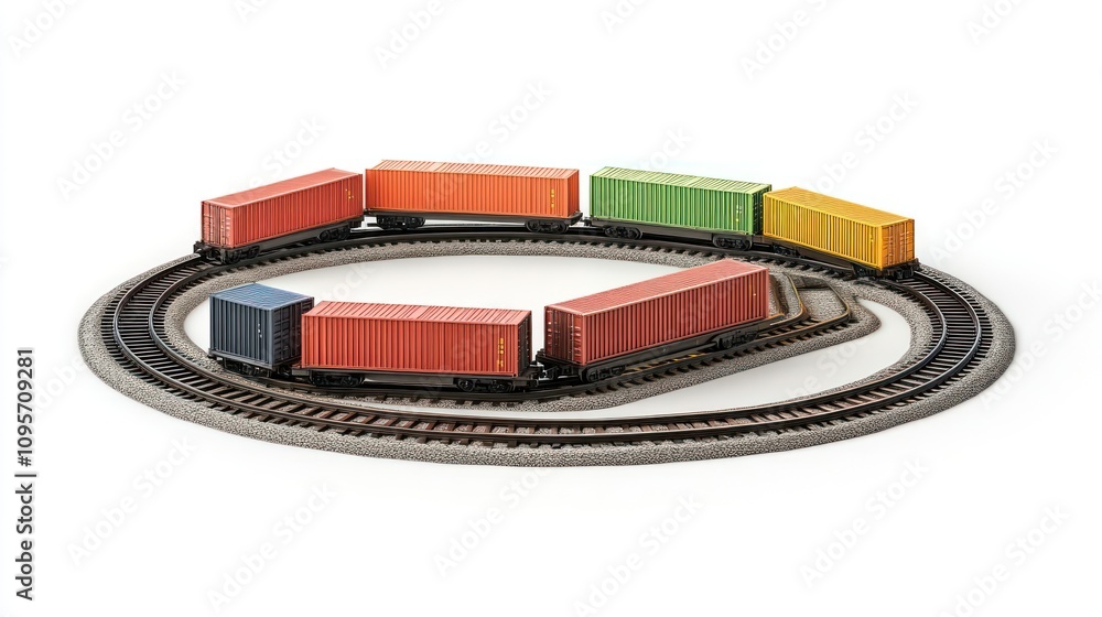 Poster A model train set with colorful cargo containers on a circular track.