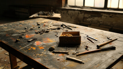 cluttered workbench filled with tools, scattered objects, and box of beads, evoking sense of creativity and exploration