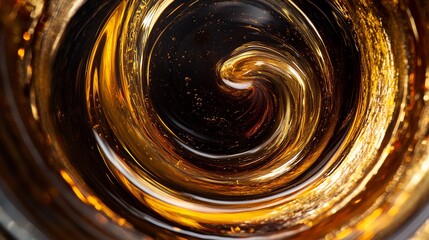Swirling motion of amber liquid in a glass.