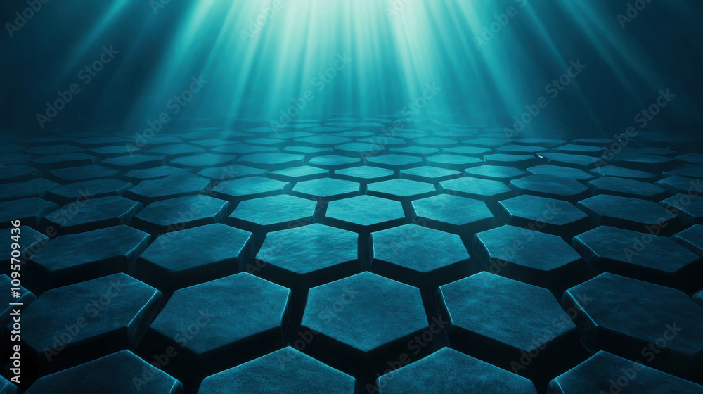 Poster underwater scene featuring hexagonal patterns and soft light rays filtering through the ocean surfac