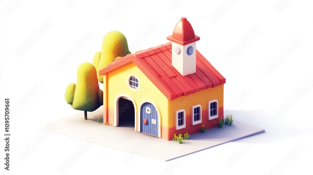 Poster a colorful, cartoonish house with a clock tower and surrounding trees.