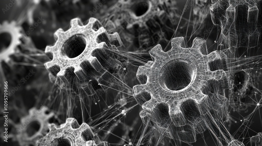 Poster abstract network of interconnected gears and lines