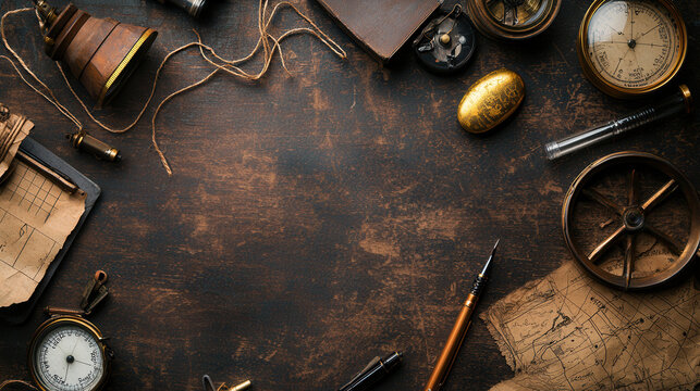 Vintage treasure hunt items on rustic wooden table, including maps, compasses, and golden egg, evoke sense of adventure and exploration