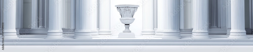 Poster a serene, minimalist setting featuring classical columns and a decorative urn.