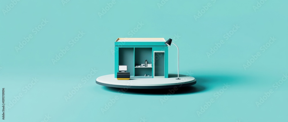 Poster A minimalistic representation of a workspace with a desk, lamp, and storage.