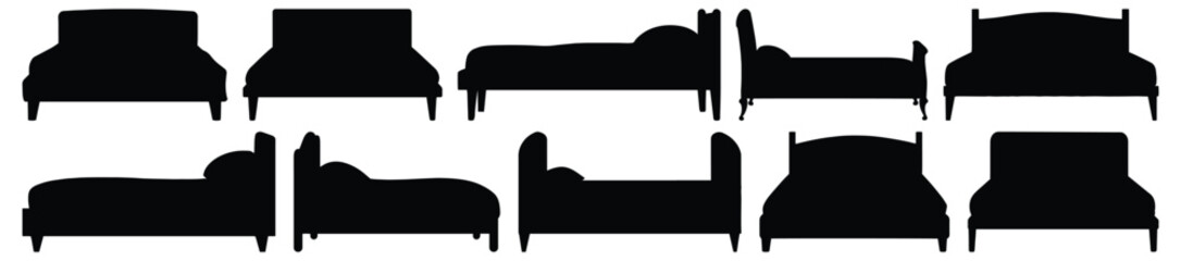 Bed silhouettes set, furniture pack of vector silhouette design, isolated background.