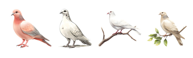 Fototapeta premium Four distinct varieties of doves showcasing different colors and plumage.