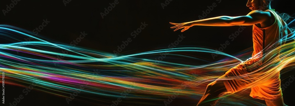 Poster A dynamic figure in motion with colorful light trails, showcasing energy and movement.