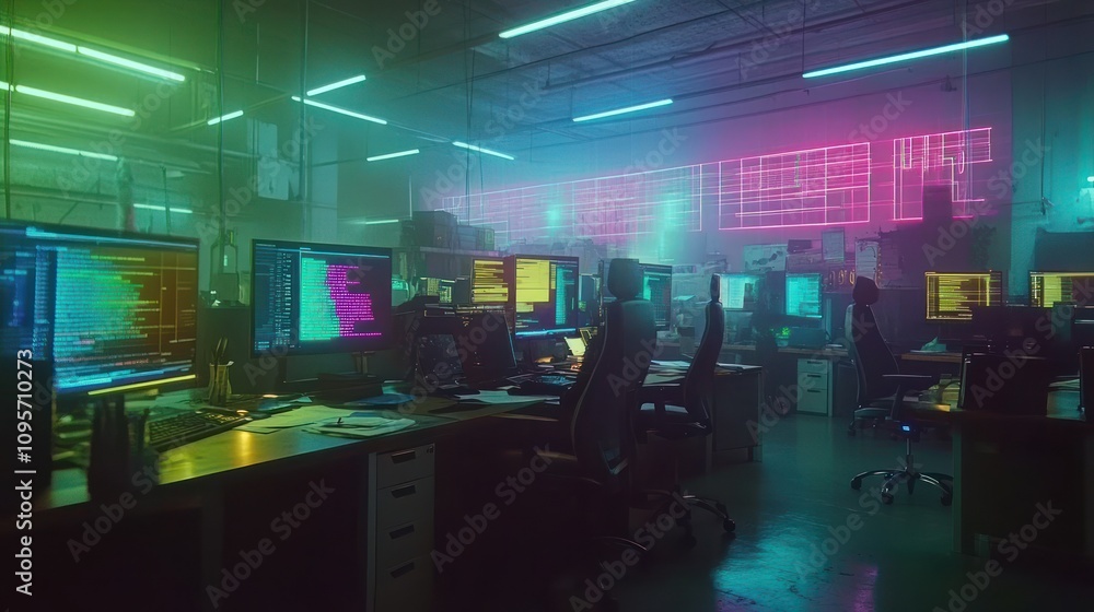 Aufkleber A dimly lit tech workspace filled with monitors displaying code and data visualizations.