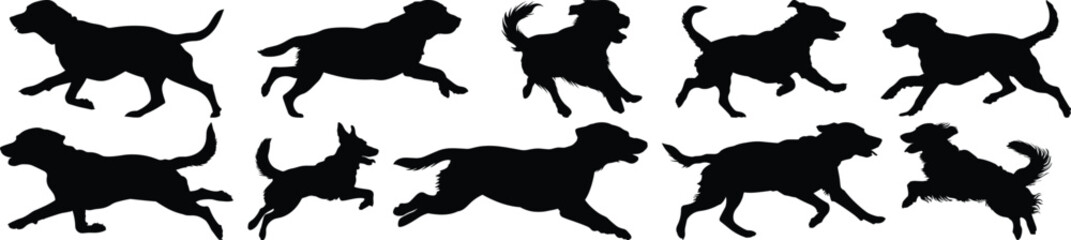 Running dog silhouettes set, dog pack of vector silhouette design, isolated background