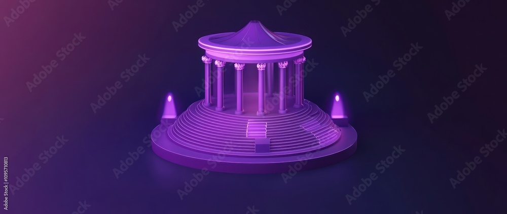 Aufkleber A stylized 3D representation of a temple with a circular base and columns, illuminated in purple.